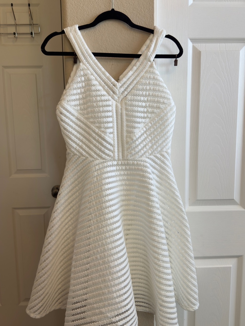 Gracie White Textured Fit-and-Flare Dress - Elegant V-Neck